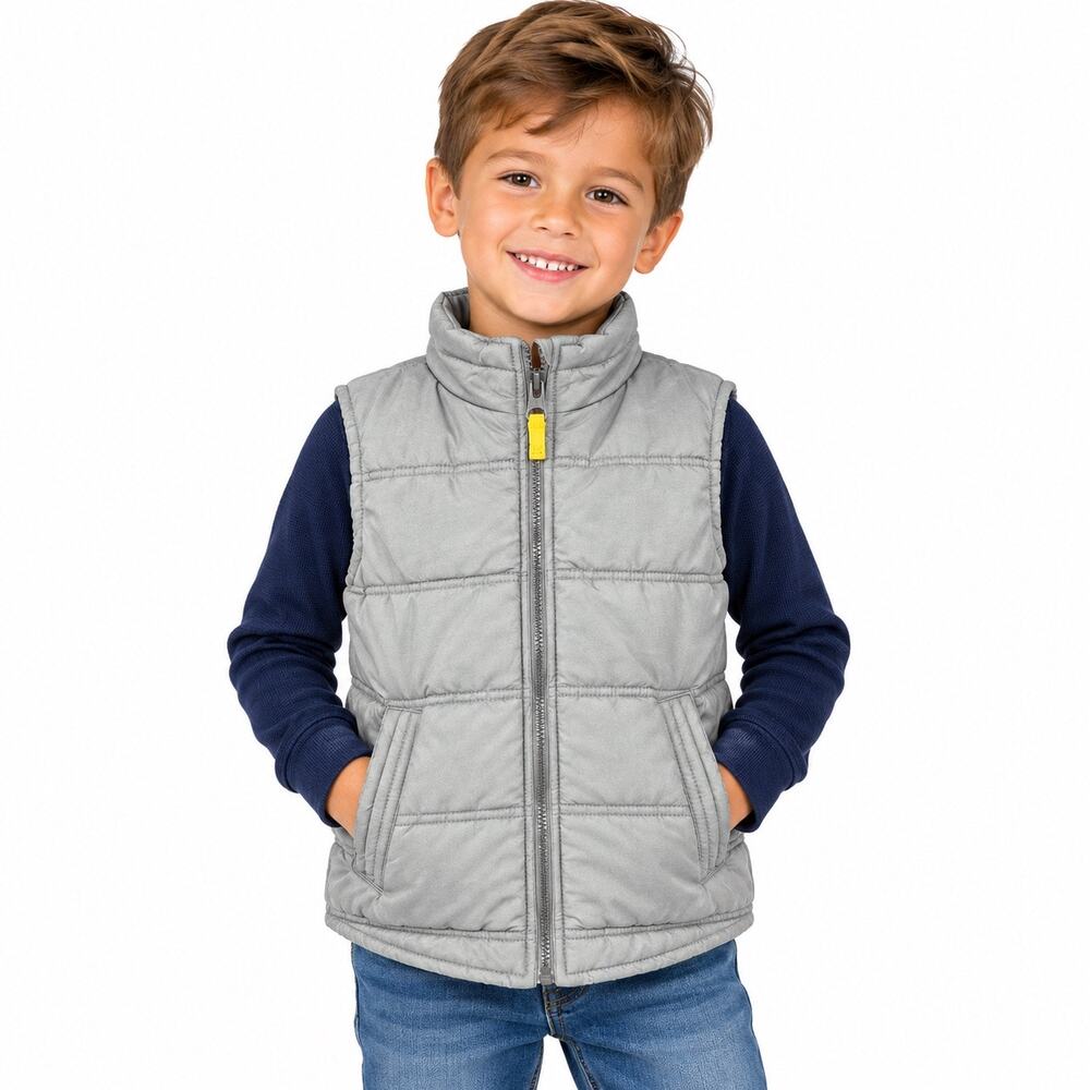Carters Boys Gray Puffer Vest Size 5 Sleeveless Winter Zip Up Quilted